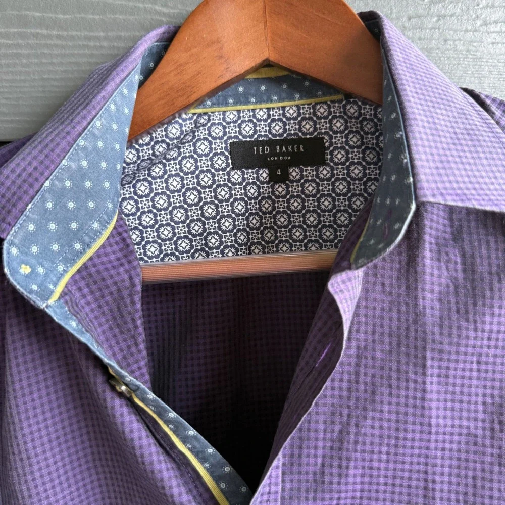 Ted Baker London Purple Check Dress Shirt 100% Cotton Button Front Size 4